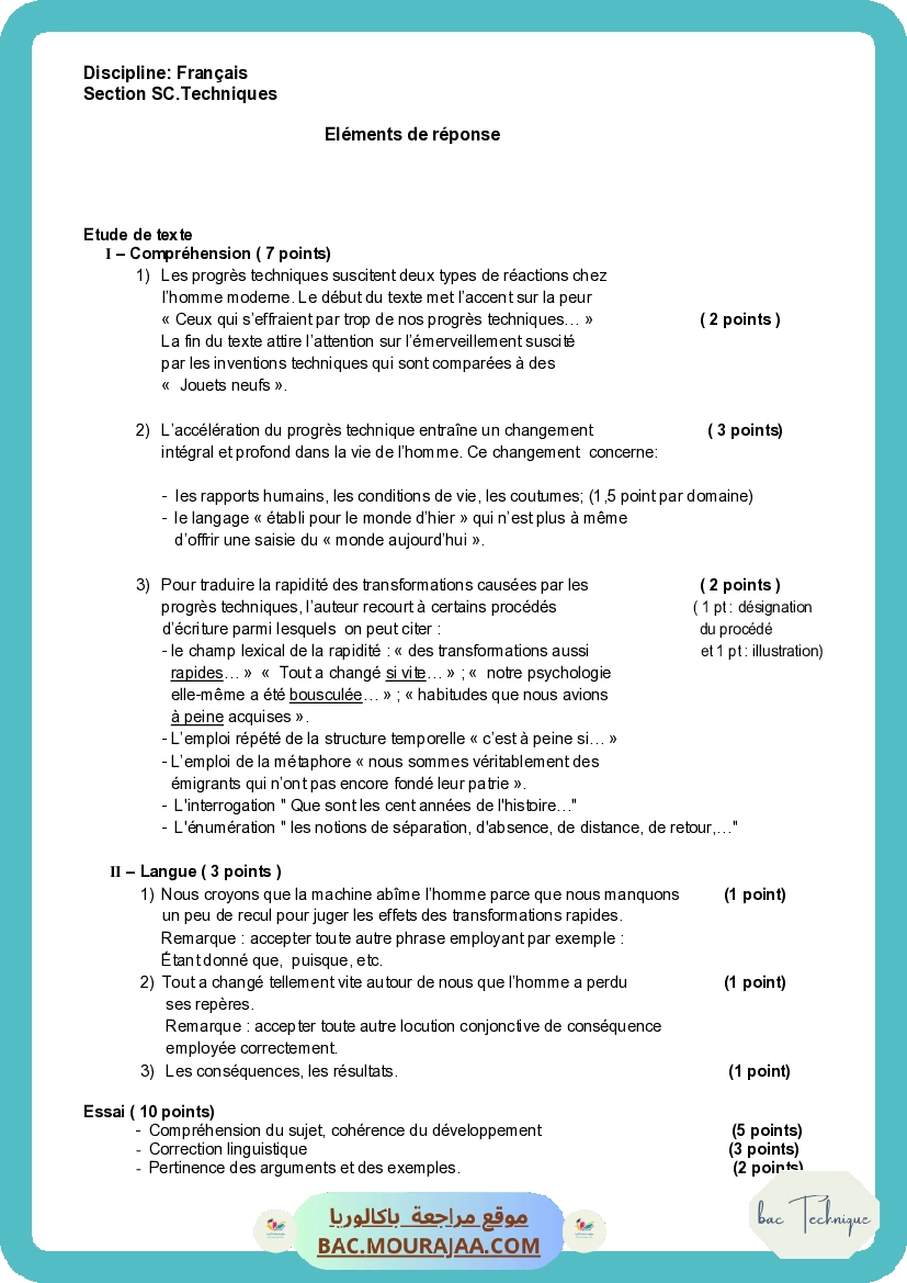 Corrigé principale francais Bac 2010 – Section technique